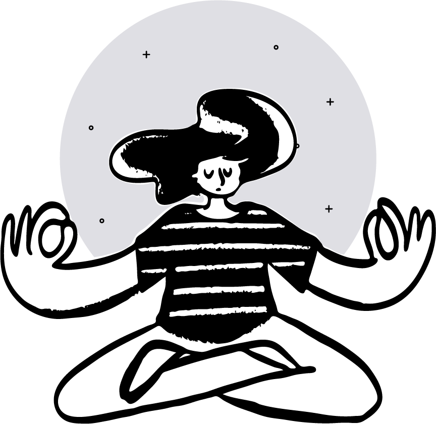 Minimalist black and white illustration of a woman meditating